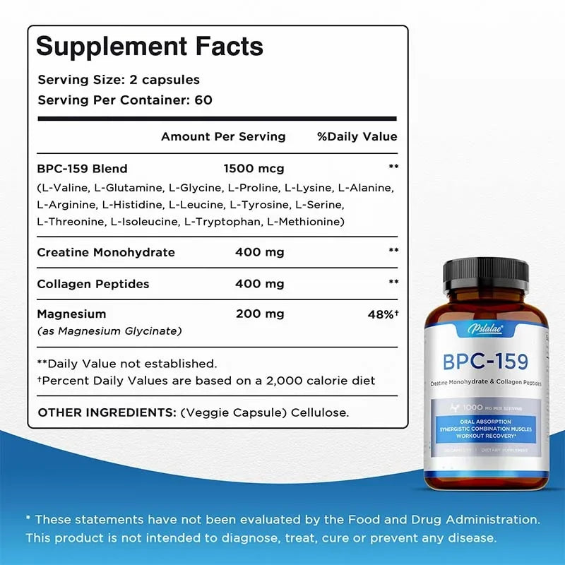 BPC-159 Peptide Capsules – Creatine & Collagen Blend for Muscle Recovery, Bone & Joint Support with Magnesium