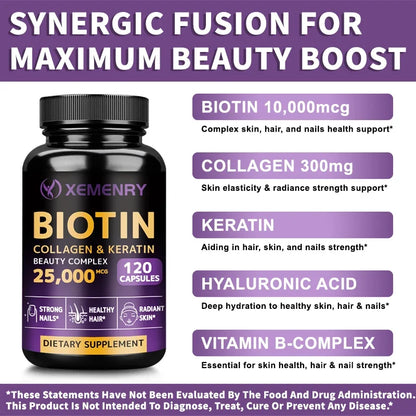 Biotin + Collagen + Keratin Capsules – 120 Count | Hair Growth, Strong Nails & Joint Support