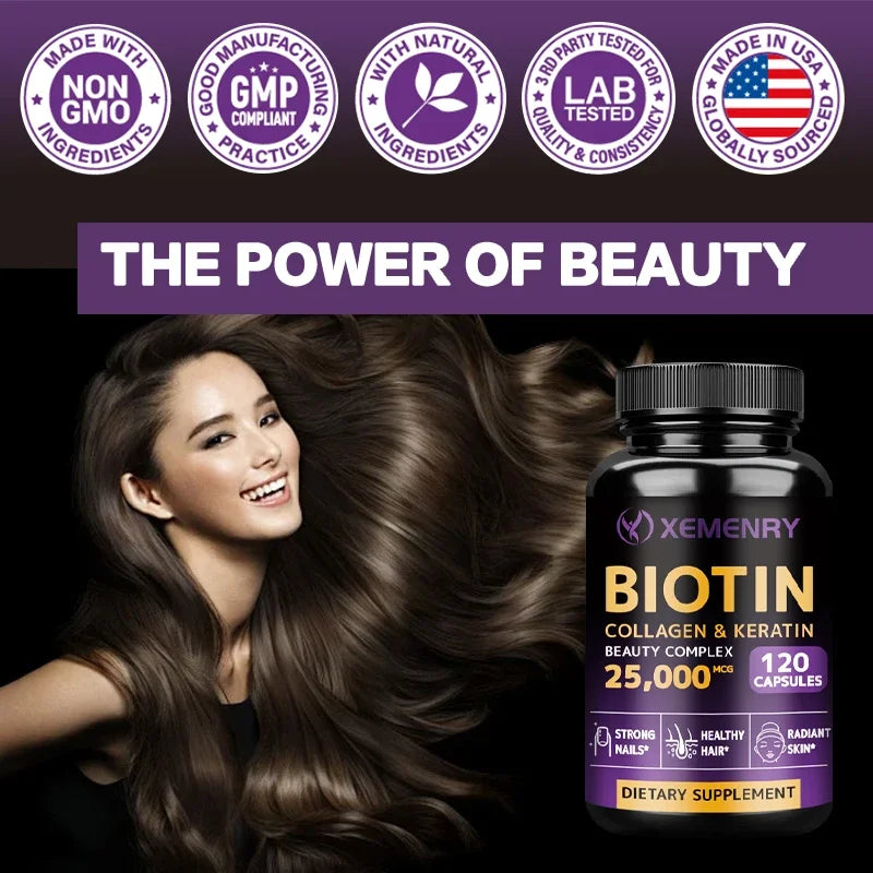 Biotin + Collagen + Keratin Capsules – 120 Count | Hair Growth, Strong Nails & Joint Support