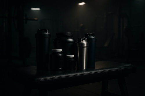 supplements shakers and protien on a gym bench in a dark gym